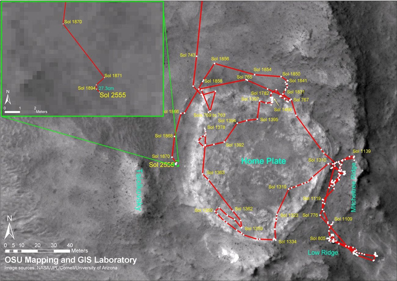 Spirit's traverse map through Sol 2555