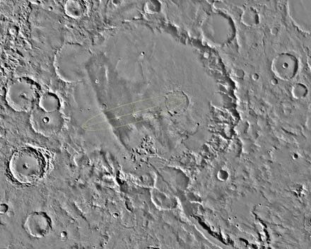 The designated landing site for the first Mars Exploration Rover mission is Gusev Crater, seen here in its geological context from NASA Viking images.