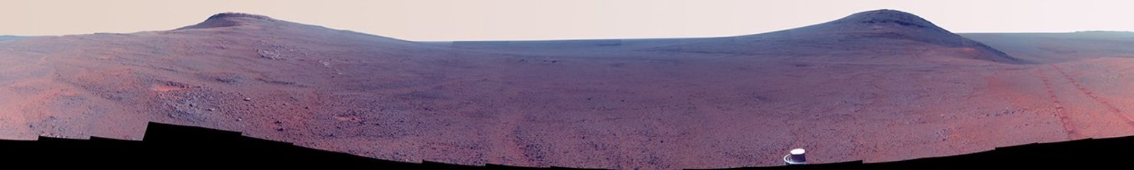 This June 2017 view  from the Pancam on NASA's Opportunity Mars rover shows the area just above  "Perseverance Valley" on the western rim of Endeavour Crater. Color  has been enhanced to make differences in surface materials more easily.
