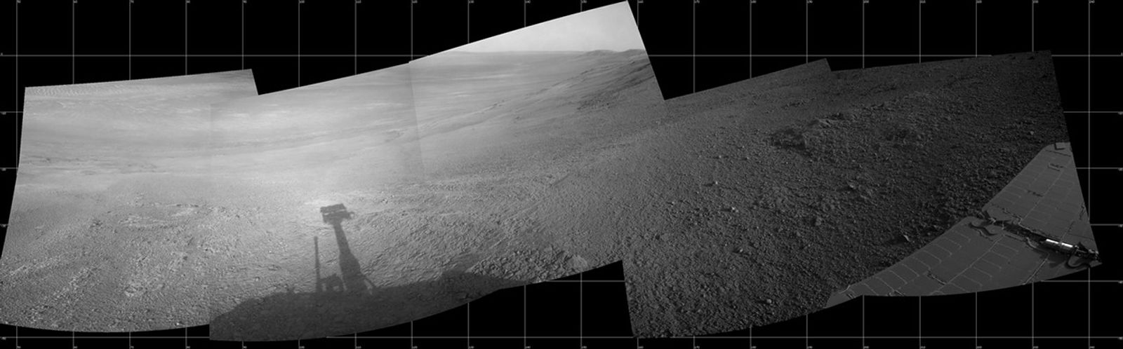 This July 7, 2017, scene from the Navcam on NASA's Opportunity Mars rover shows a view from the upper end of "Perseverance Valley" on the inner slope of Endeavour Crater's rim. At left, the valley descends about 200 yards to the crater floor. In the middle, the crater rim extends southeastward.