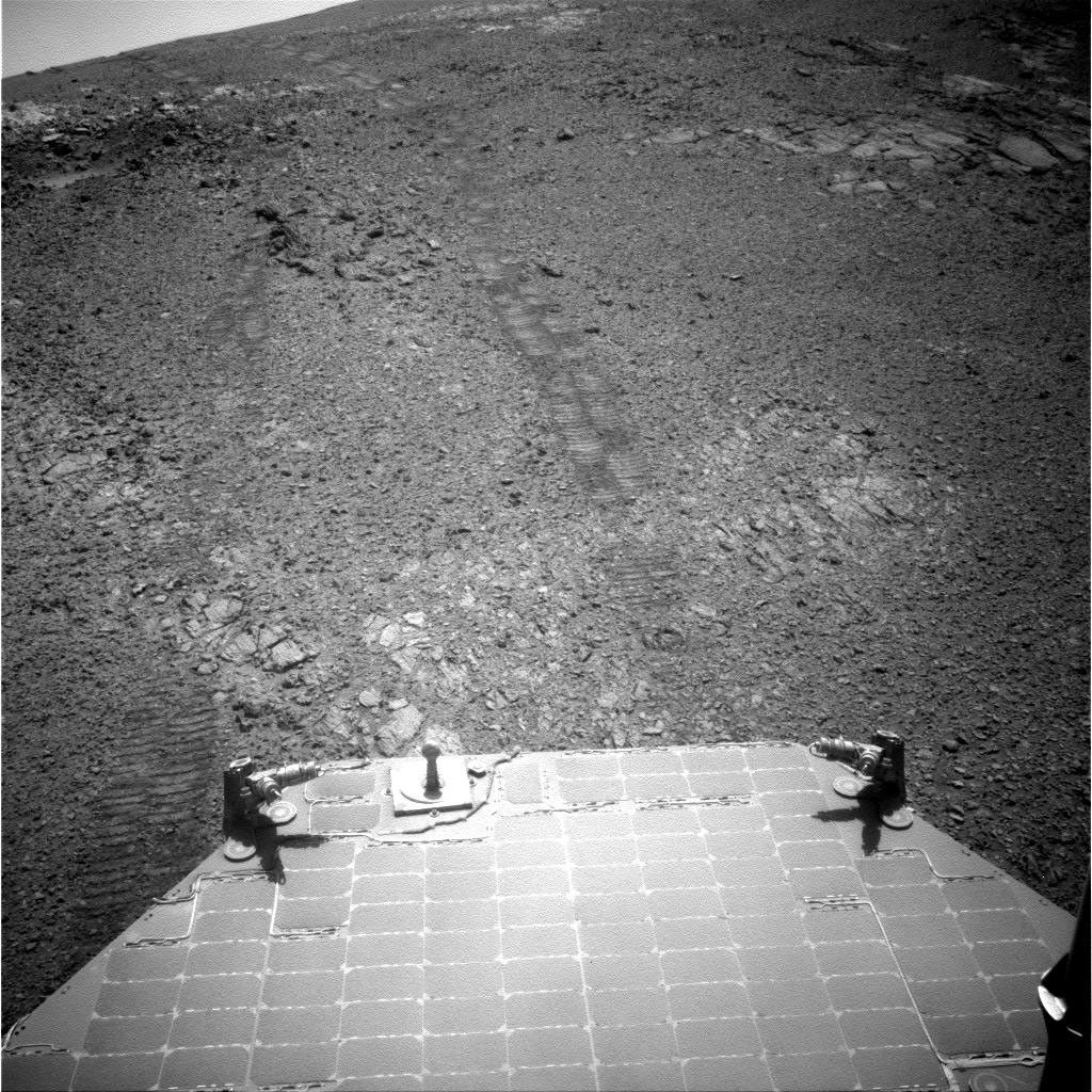 This July 18, 2017, image from the navigation camera (Navcam) on the mast of NASA's Mars Exploration Rover Opportunity provides a look back to the crest of Endeavour Crater's rim after the rover began descending "Perseverance Valley" on the rim's inner slope.