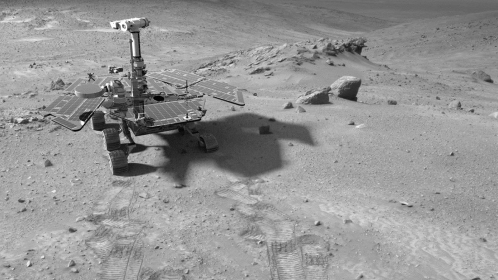 This synthetic image of the Spirit Mars Exploration Rover in the "Columbia Hills" was produced using "Virtual Presence in Space" technology.