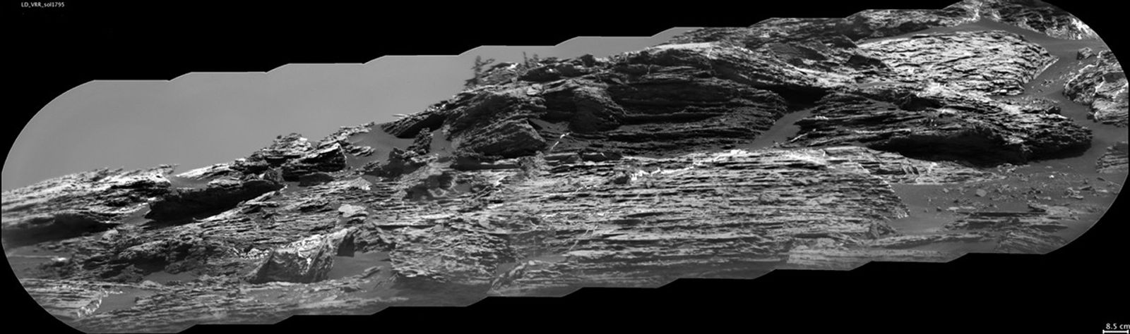 This view of "Vera Rubin Ridge" from the ChemCam instrument on NASA's Curiosity Mars rover shows sedimentary layers, mineral veins and effects of wind erosion. ChemCam's telescopic Remote Micro-Imager took the 10 component images of this scene on Aug. 24, 2017, from about 141 feet away.