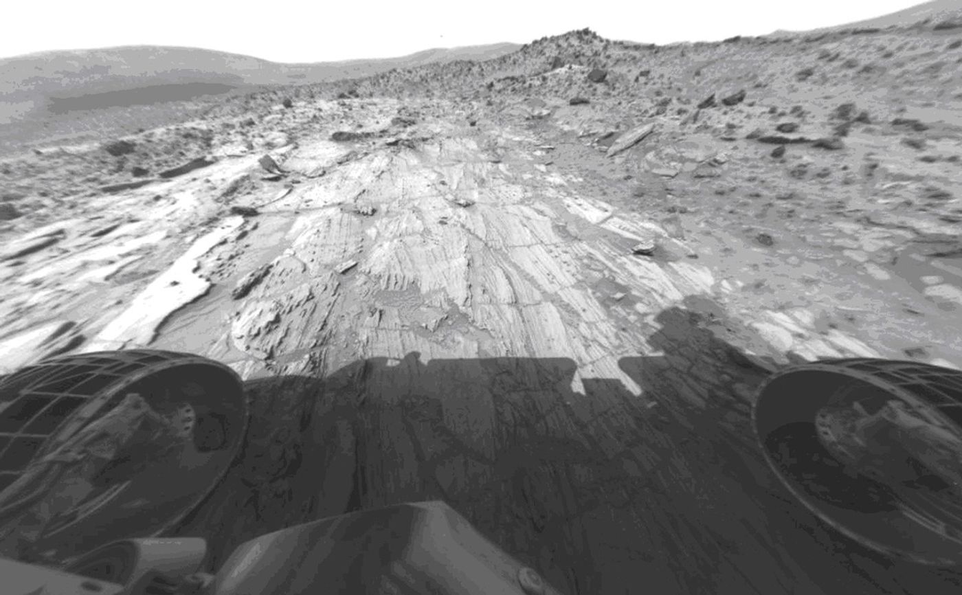 Mars scientists used images from the Mars Exploration Rovers to help them with their recent simulation 'games' for the Mars Science Laboratory rover. This image from the Spirit rover was used by the scientists to decide where to drill in one of the tests.