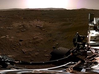 This panorama, taken on Feb. 20, 2021, by the Navigation Cameras, or Navcams, aboard NASA’s Perseverance Mars rover, was stitched together from six individual images after they were sent back to Earth.
