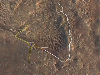 Mars map containing depiction of the ground track (indicated in white) of NASA’s Perseverance rover since it arrived on Mars on Feb. 18, 2021.