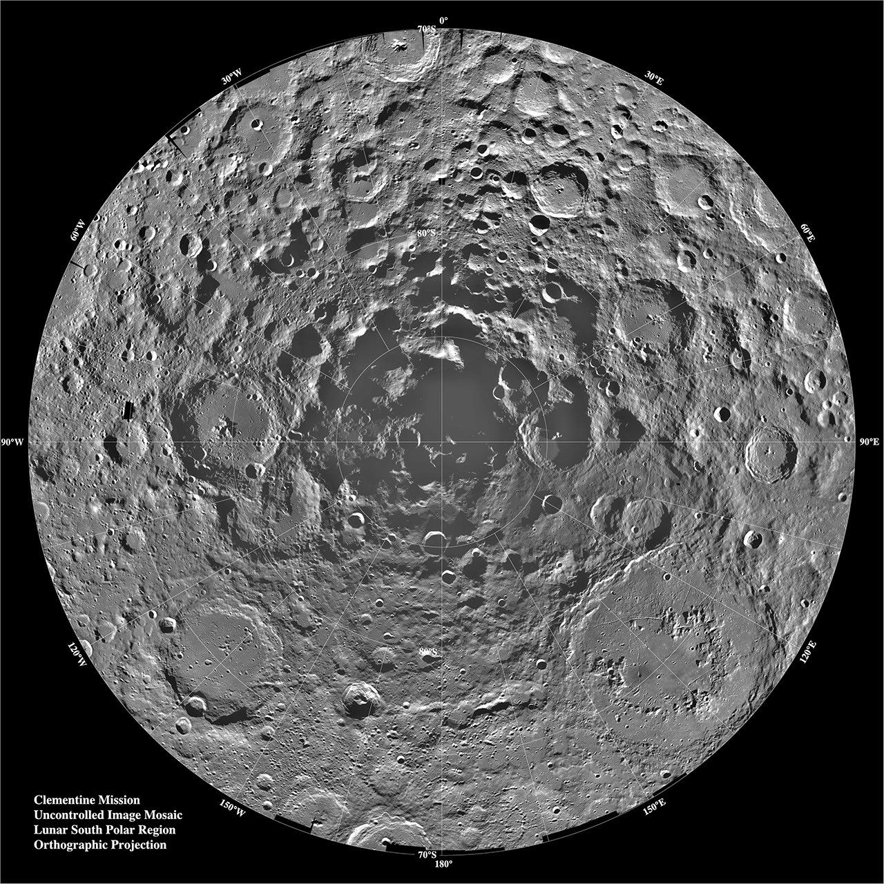 This orthographic projection is centered on the south polar region of the moon as seen by NASA's Clementine spacecraft. The Schrodinger Basin is located in the lower right of the mosaic.