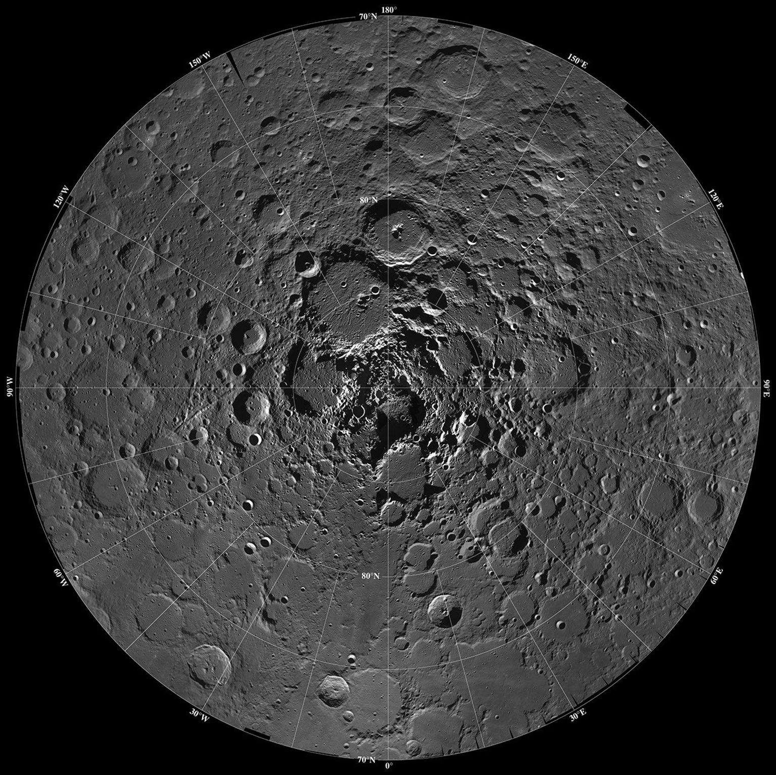 Lunar mosaic of ~1500 NASA Clementine images of the north polar region of the moon.