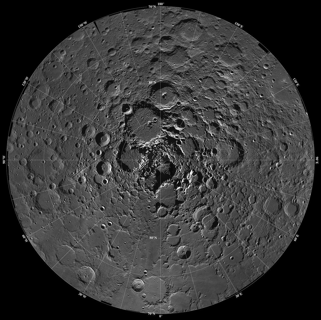 Lunar mosaic of ~1500 NASA Clementine images of the north polar region of the moon.