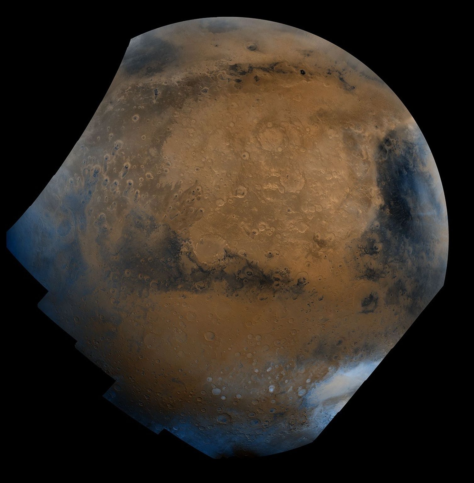 This mosaic is composed of about 100 red- and violet- filter Viking Orbiter images, digitally mosaiced in an orthographic projection at a scale of 1 km/pixel.