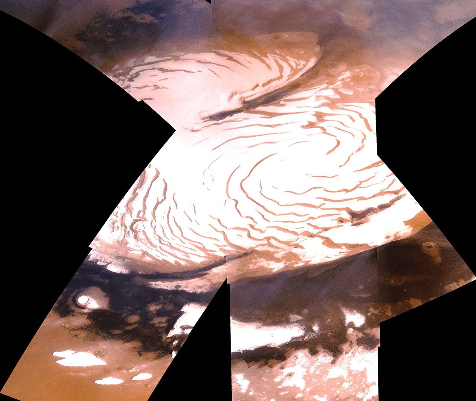 Shown here is an oblique view of the polar region, as seen with NASA's Viking 1 spacecraft orbiting Mars over latitude 39 degrees north.