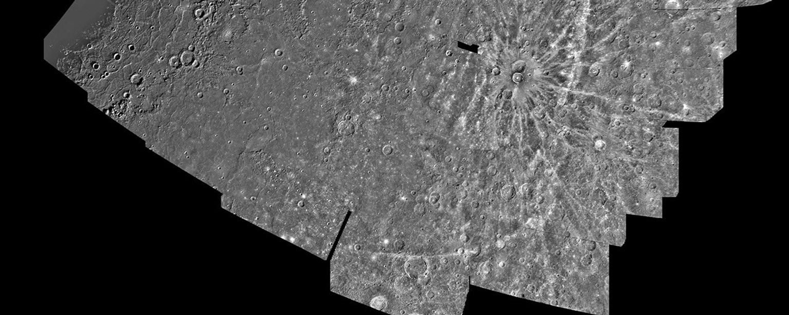 This computer generated photomosaic from NASA's Mariner 10 is of the southern half of Mercury's Shakespeare Quadrangle, named for the ancient Shakespeare crater located on the upper edge to the left of center.