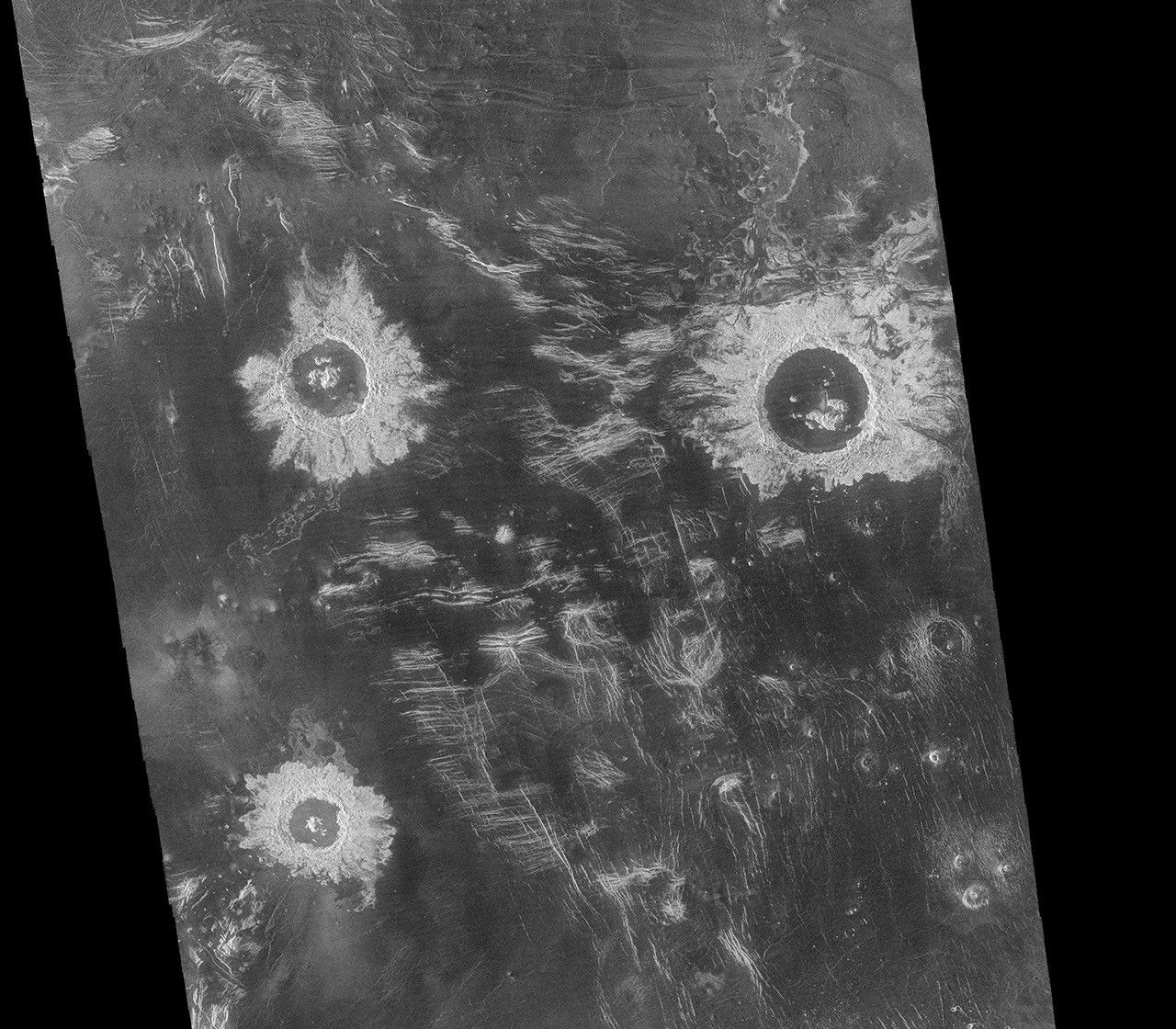 This mosaic from NASA's Magellan data is in the Lavinia region of Venus. Three large impact craters can be seen located in a region of fractured plains.