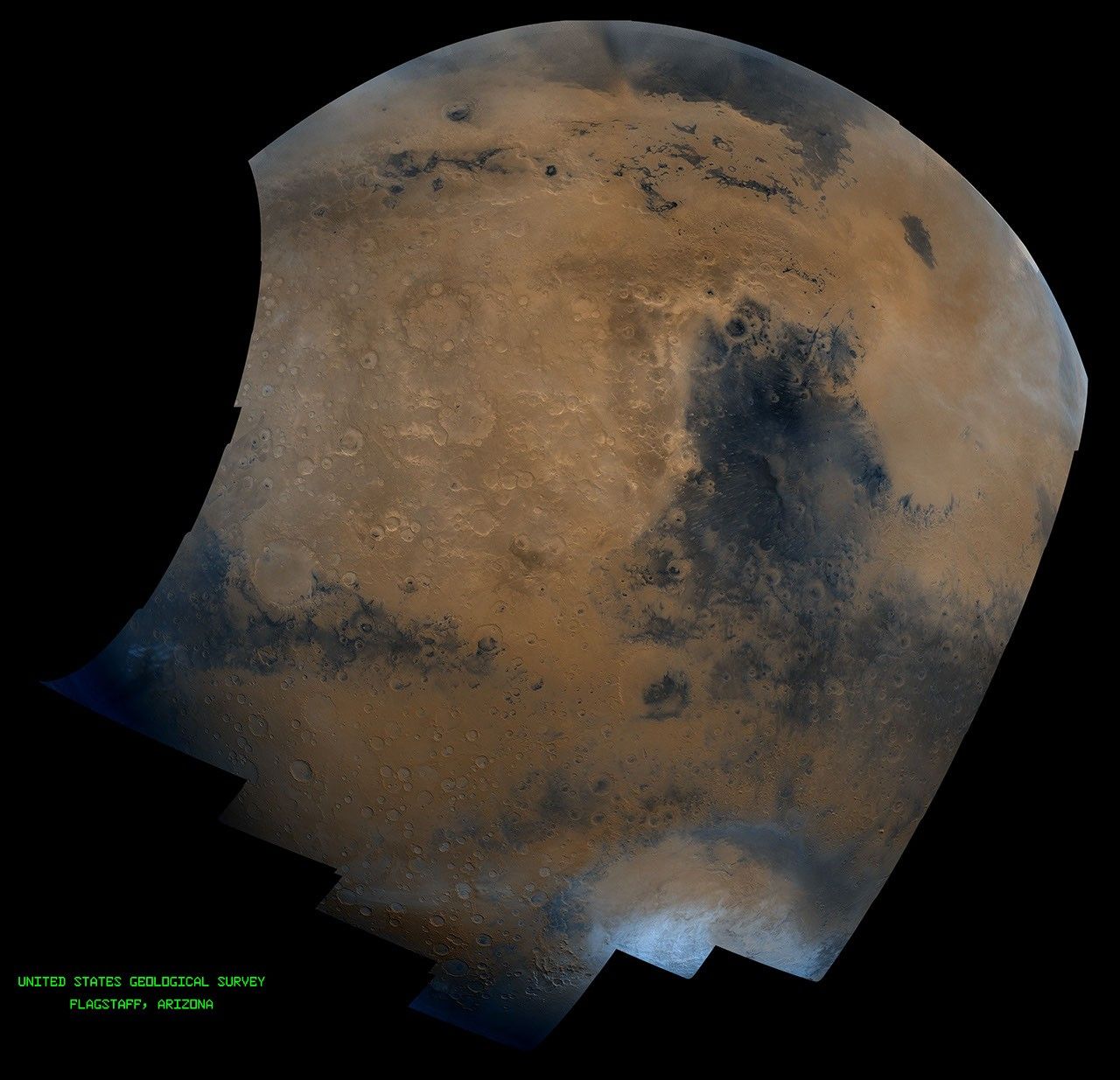 This mosaic of Syrtis Major is composed of about 100 red- and violet- filter NASA Viking Orbiter images, digitally mosaiced in an orthographic projection at a scale of 1 km/pixel.