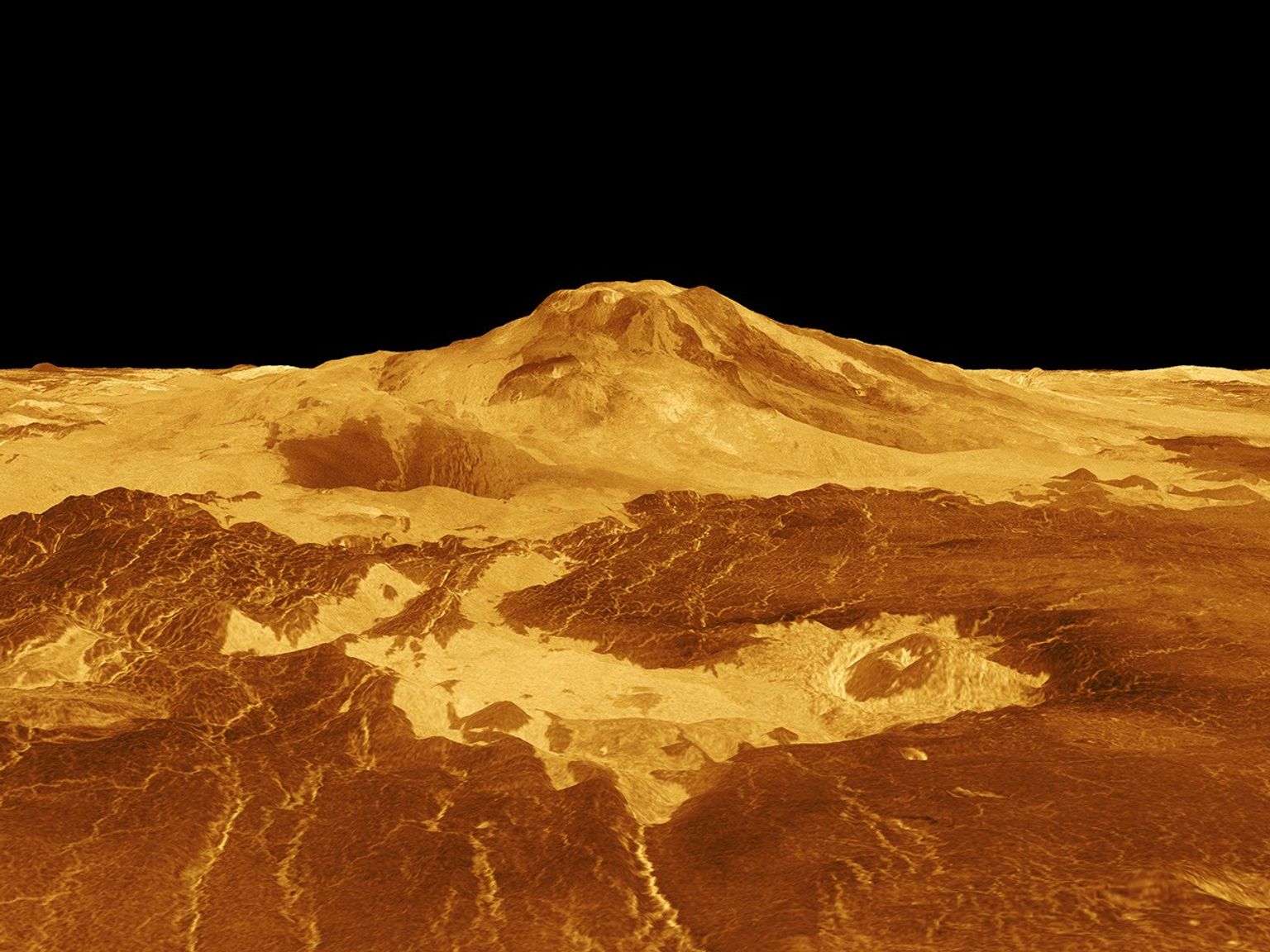 Maat Mons is displayed in this computer generated three-dimensional perspective of the surface of Venus. This NASA Magellan image was released on April 22, 1992.