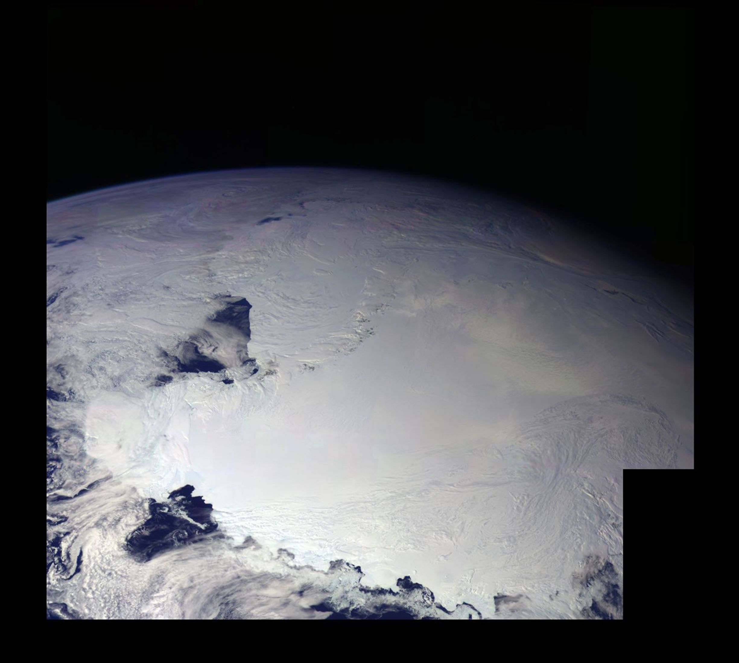 This color picture of Antarctica is one part of a mosaic of pictures covering the entire Antarctic continent taken during the hours following NASA's Galileo's historic first encounter with its home planet.