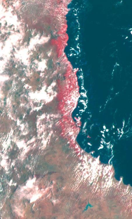 This false color image of the Eastern Coast of Australia was obtained by NASA's Galileo spacecraft at about 3:00 p.m. PST, Dec. 8, 1990, at a range of more than 35,000 miles.