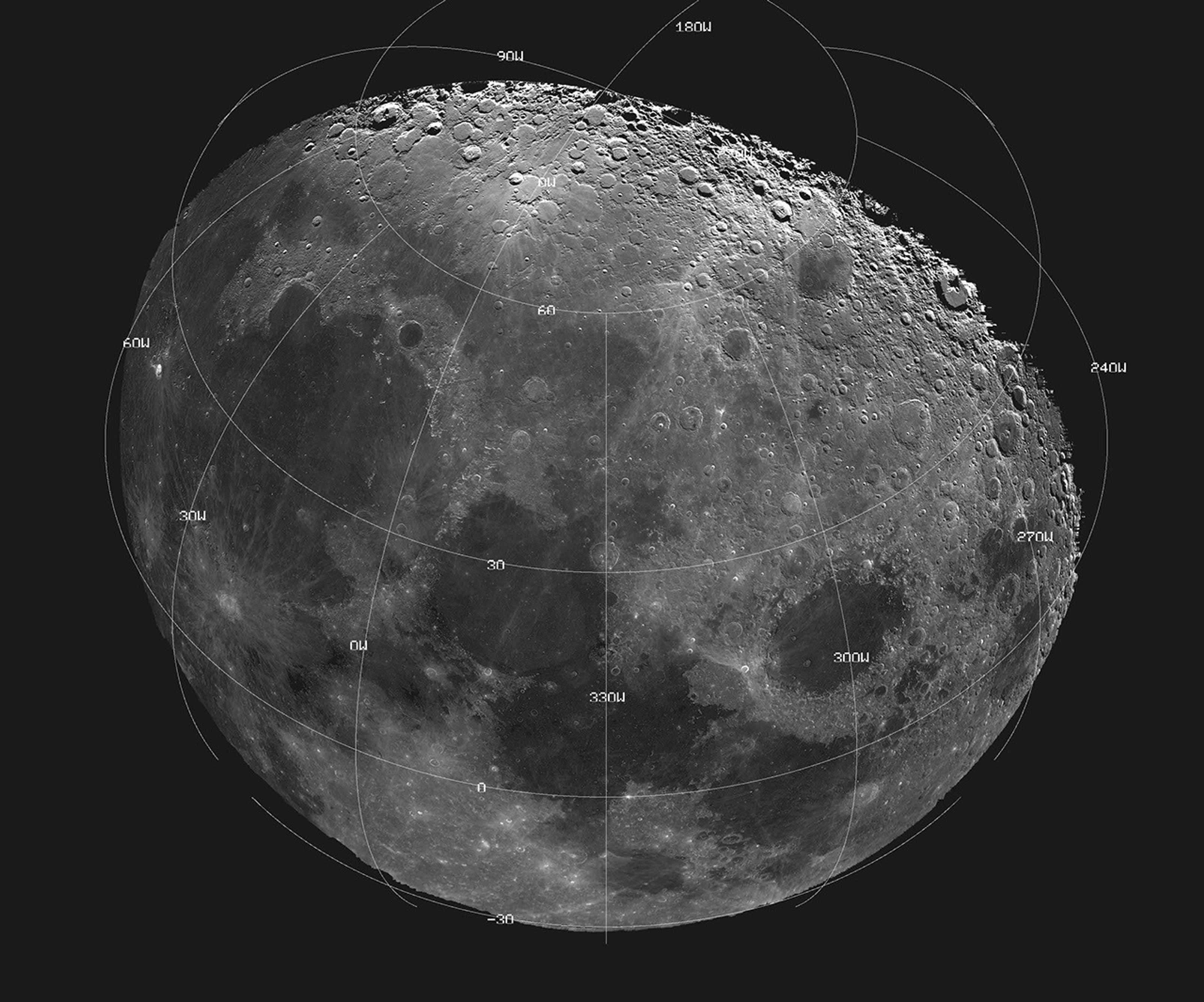 This mosaic picture of the Moon was compiled from 18 images taken with a green filter NASA's Galileo's imaging system during the spacecraft's flyby on December 7, 1992, some 11 hours before its Earth flyby.