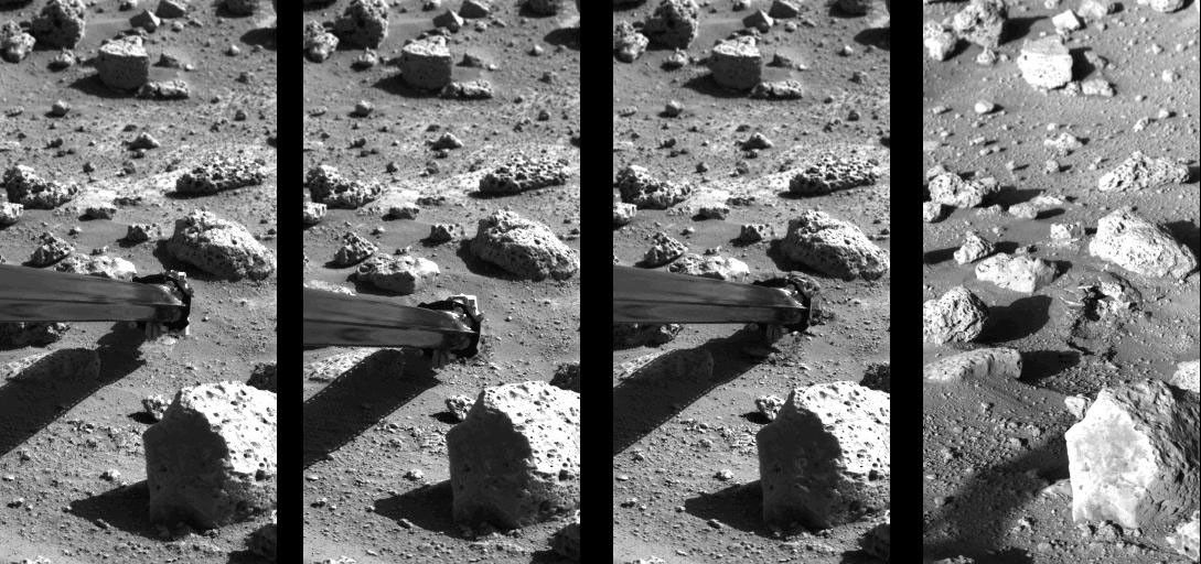 Operation of the surface sampler in obtaining Martian soil for NASA's Viking 2's molecular analysis experiment. Dubbed 'Bonneville Salt Flats,' the exposure of thin crust appeared unique in contrast with surrounding materials.