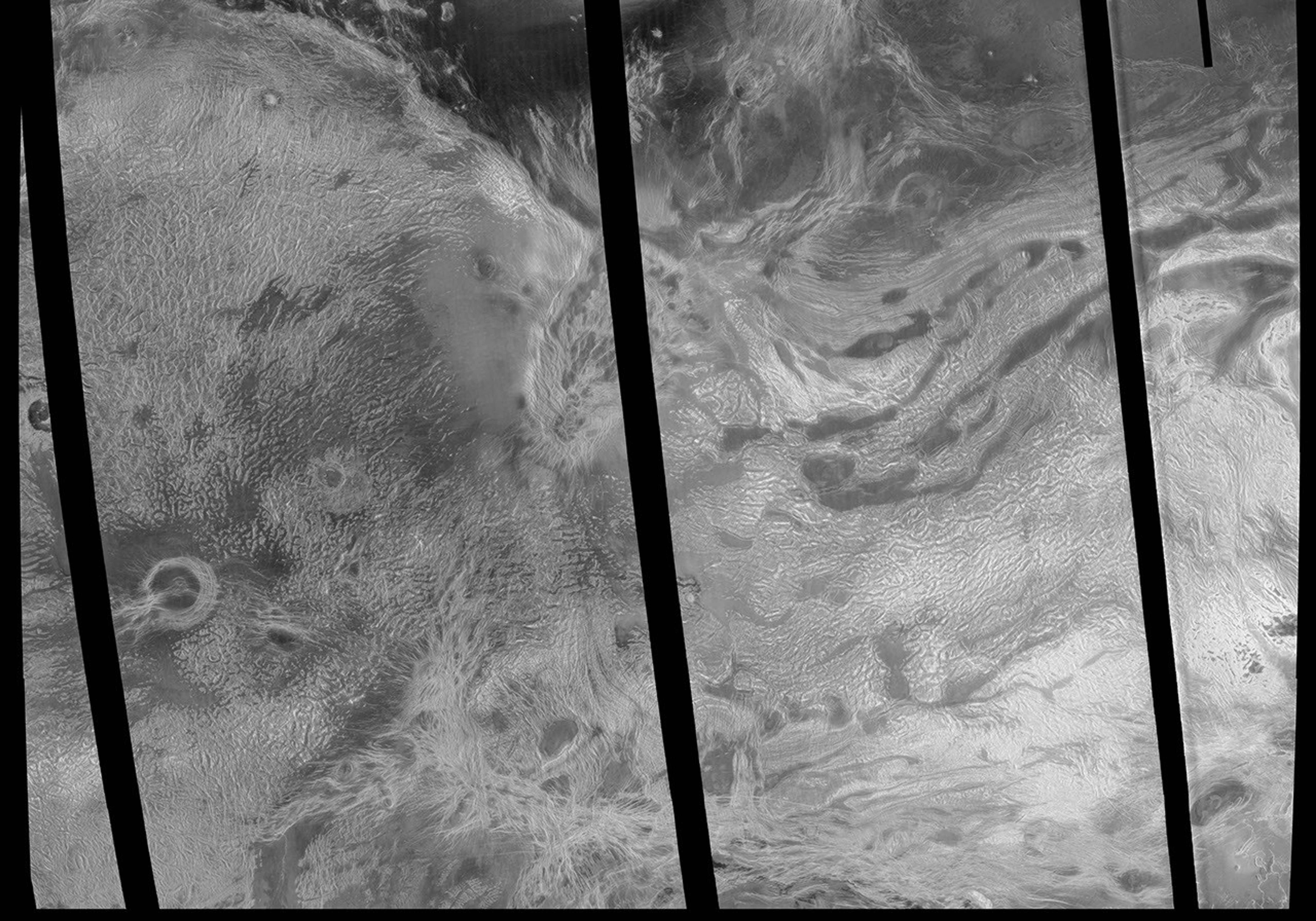 This image covers much of Ovda Regio, which forms the western part of Aphrodite Terra captured by NASA's Magellan spacecraft.