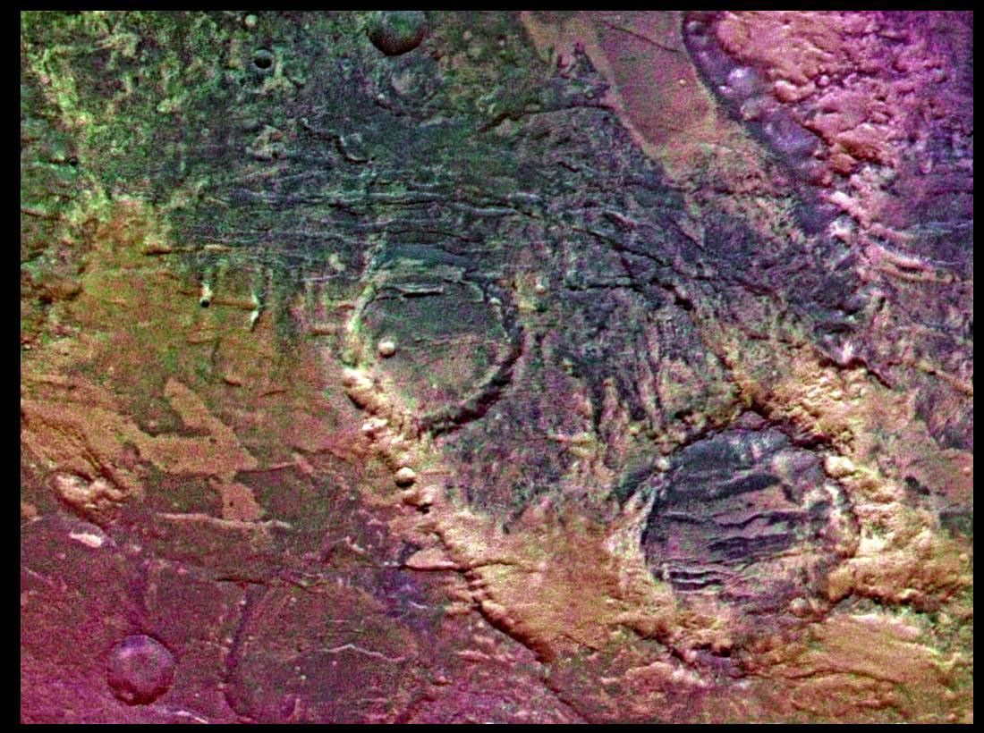 Mars' Syria Planum-centered volcanism and tectonism produced fractures, narrow to broad grabens, large scarps, and broad fold and thrust ridges that deformed a basement complex captured by NASA's Viking Orbiter 2.