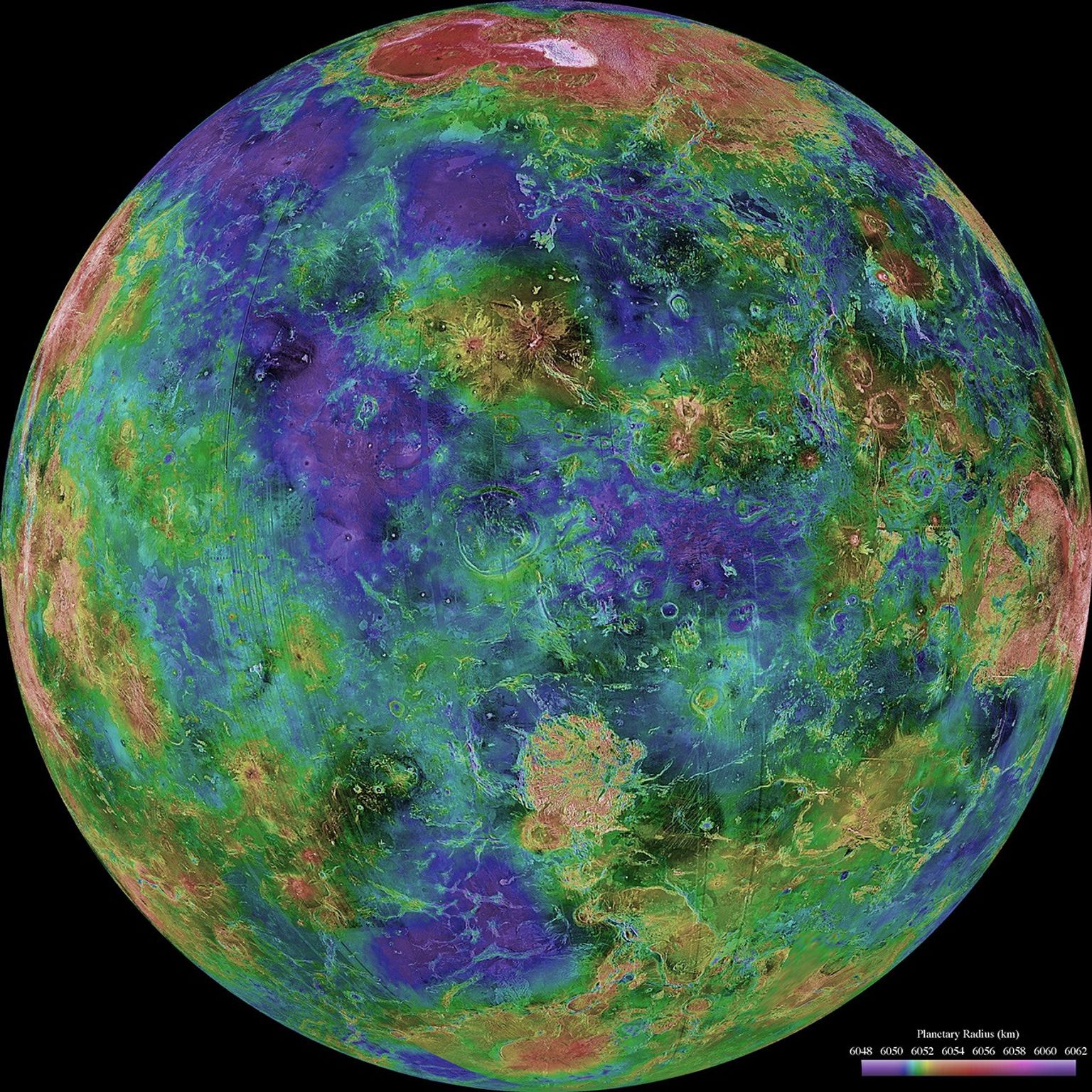 The hemispheric view of Venus, as revealed by more than a decade of radar investigations culminating in NASA's 1990-1994 Magellan mission, is centered at 0 degrees east longitude.