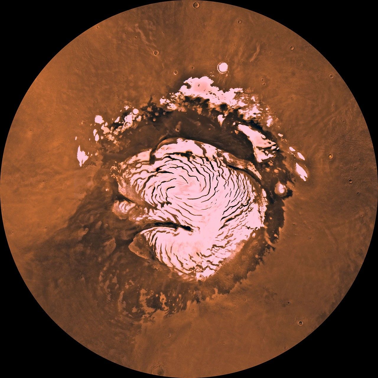 Mars digital-image mosaic merged with color of the MC-1 quadrangle, Mare Boreum region of Mars. This image is from NASA's Viking Orbiter 1.