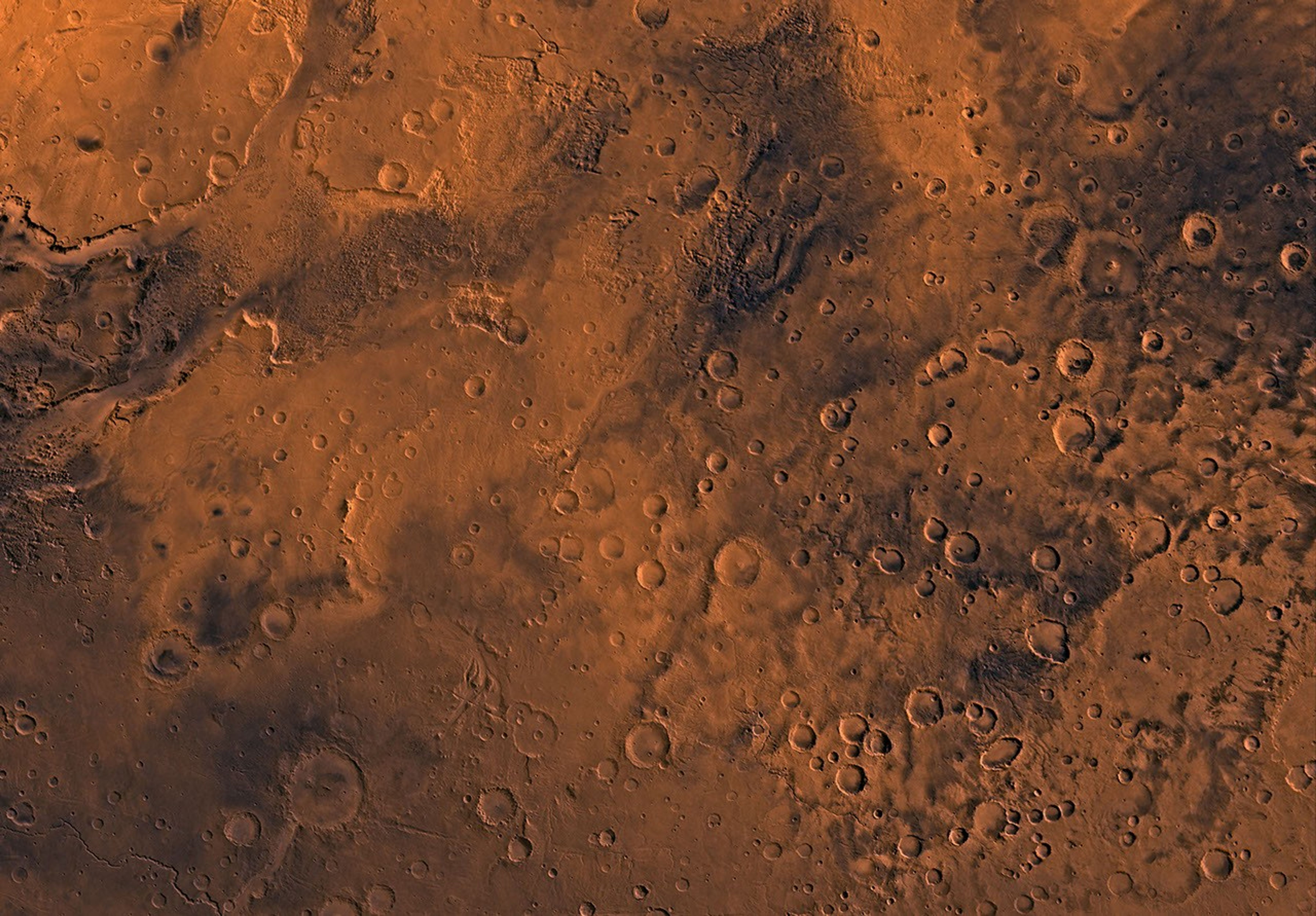 Mars digital-image mosaic merged with color of the MC-19 quadrangle, Margaritifer Sinus region of Mars. This image is from NASA's Viking Orbiter 1.