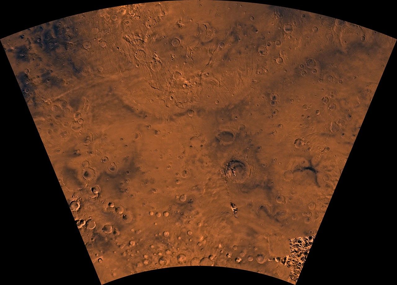Mars digital-image mosaic merged with color of the MC-25 quadrangle, Thaumasia region of Mars. This image is from NASA's Viking Orbiter 1.
