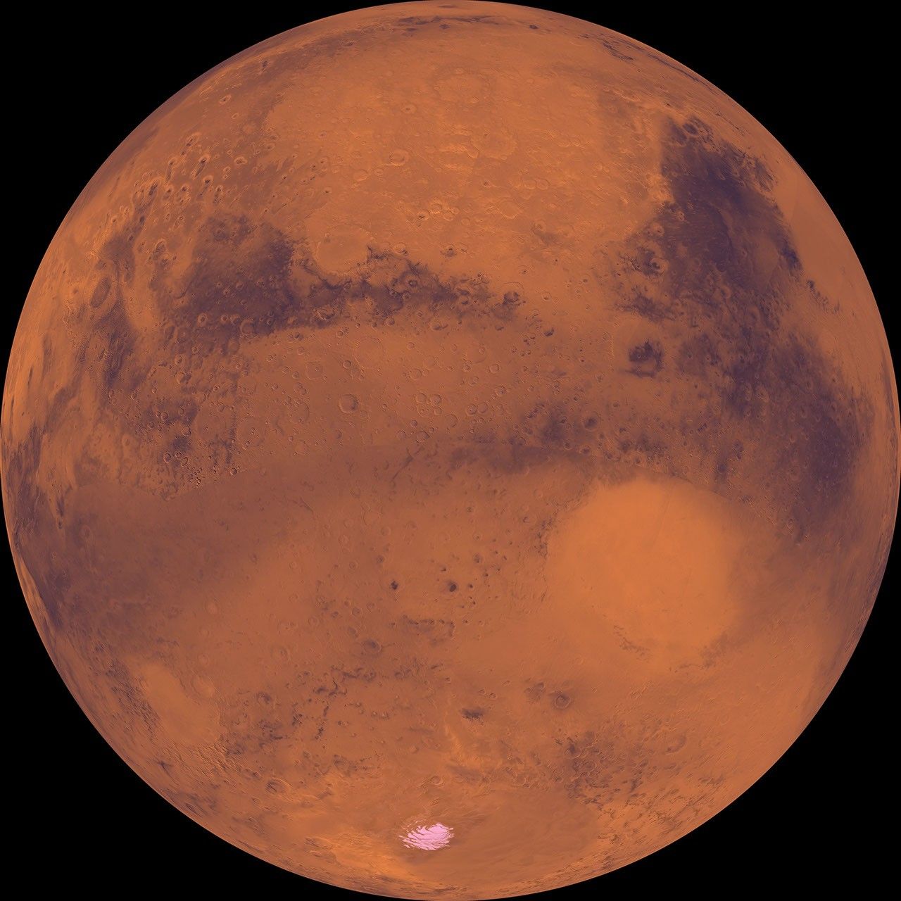 Heavily cratered highlands dominate this view from NASA's Viking Orbiter 1. Toward the lower right, a conspicuous light-colored circular depression marks the ancient large Hellas impact basin.