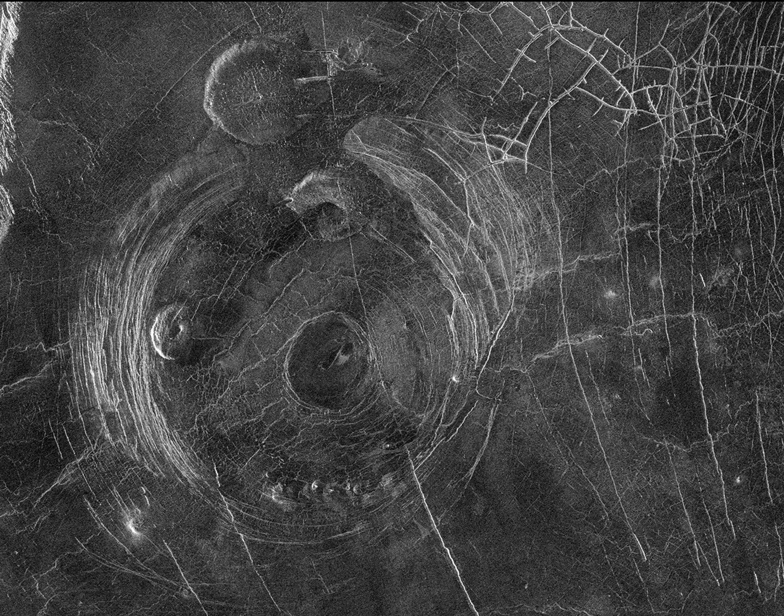 This radar image from NASA's Magellan spacecraft shows a region located in a vast plain to the south of Aphrodite Terra. The data for this image was obtained in January 1991.