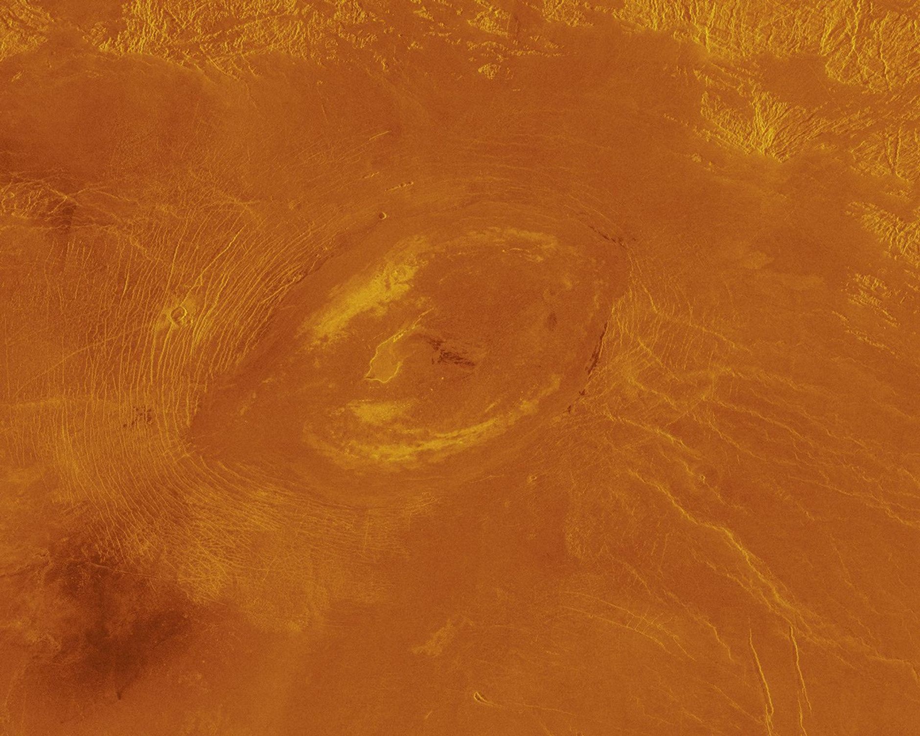 This image obtained by NASA's Magellan spacecraft reveals Sacajawea Patera, a large, elongate caldera located in western Ishtar Terra on the smooth plateau of Lakshmi Planum.