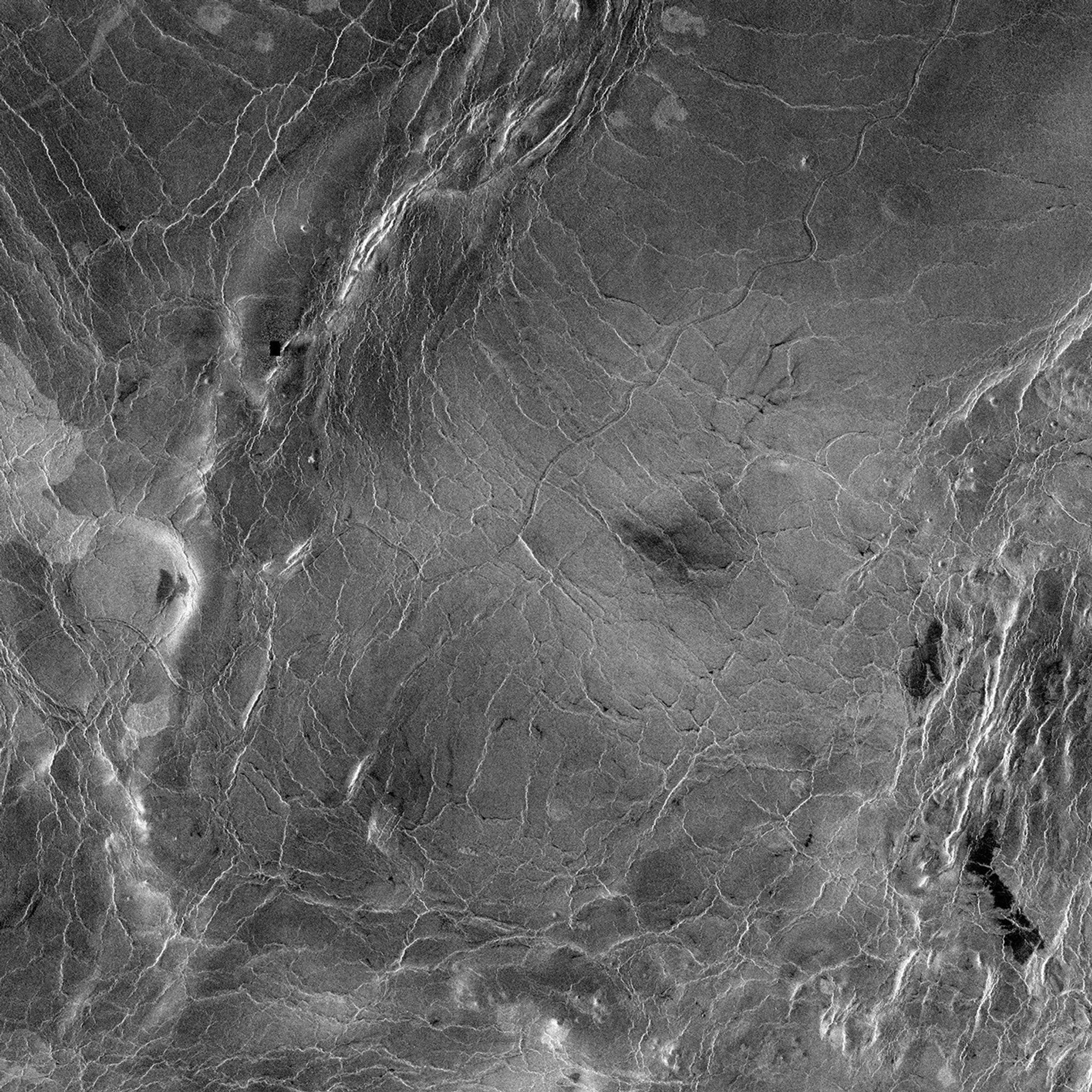 This compressed resolution radar mosaic from NASA's Magellan spacecraft shows a 600 kilometers (360 mile) segment of the longest channel discovered on Venus in 1990.