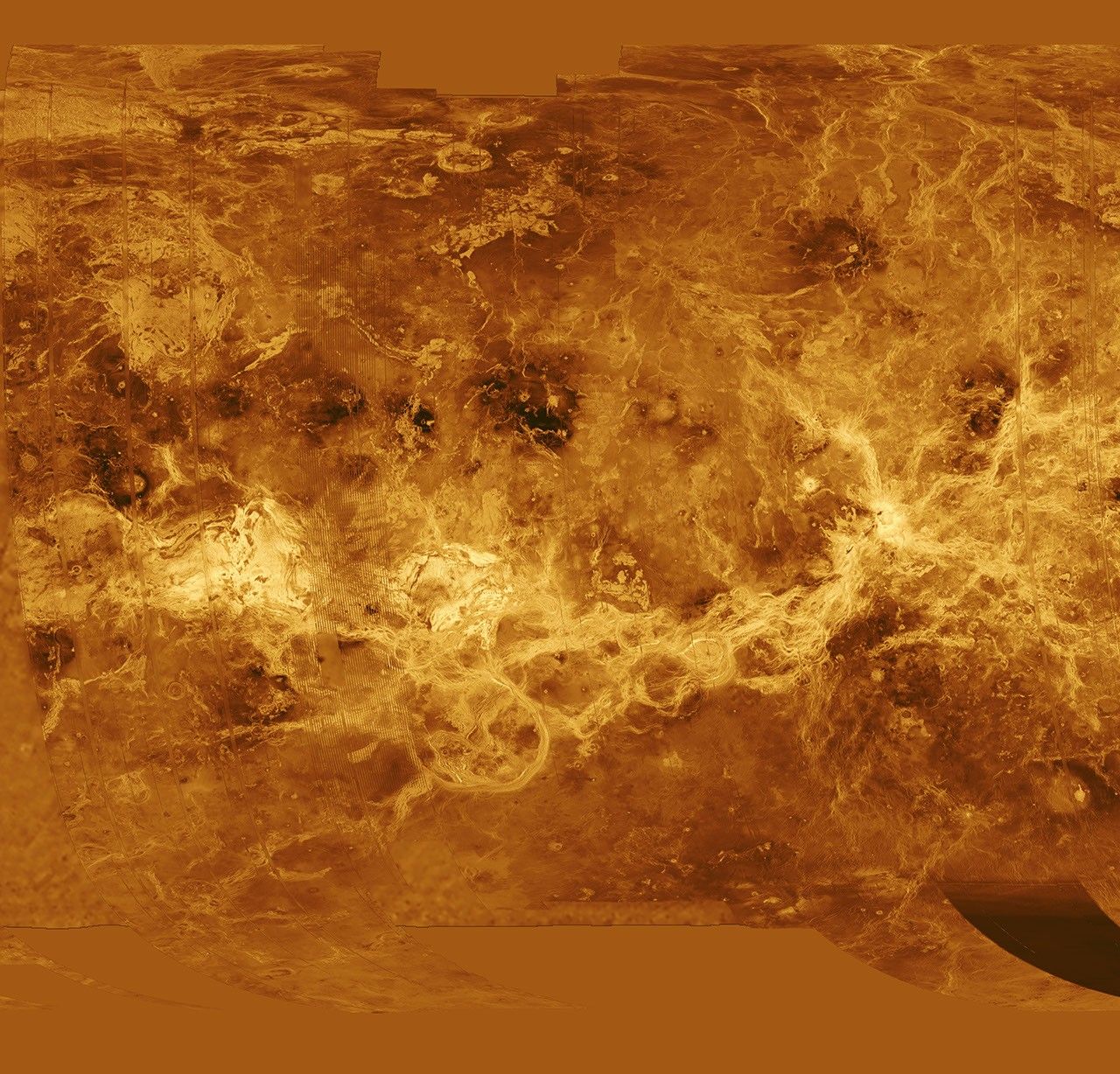 The eastern half of the planet is displayed in this simple cylindrical map of the surface of Venus obtained by NASA's Magellan spacecraft.