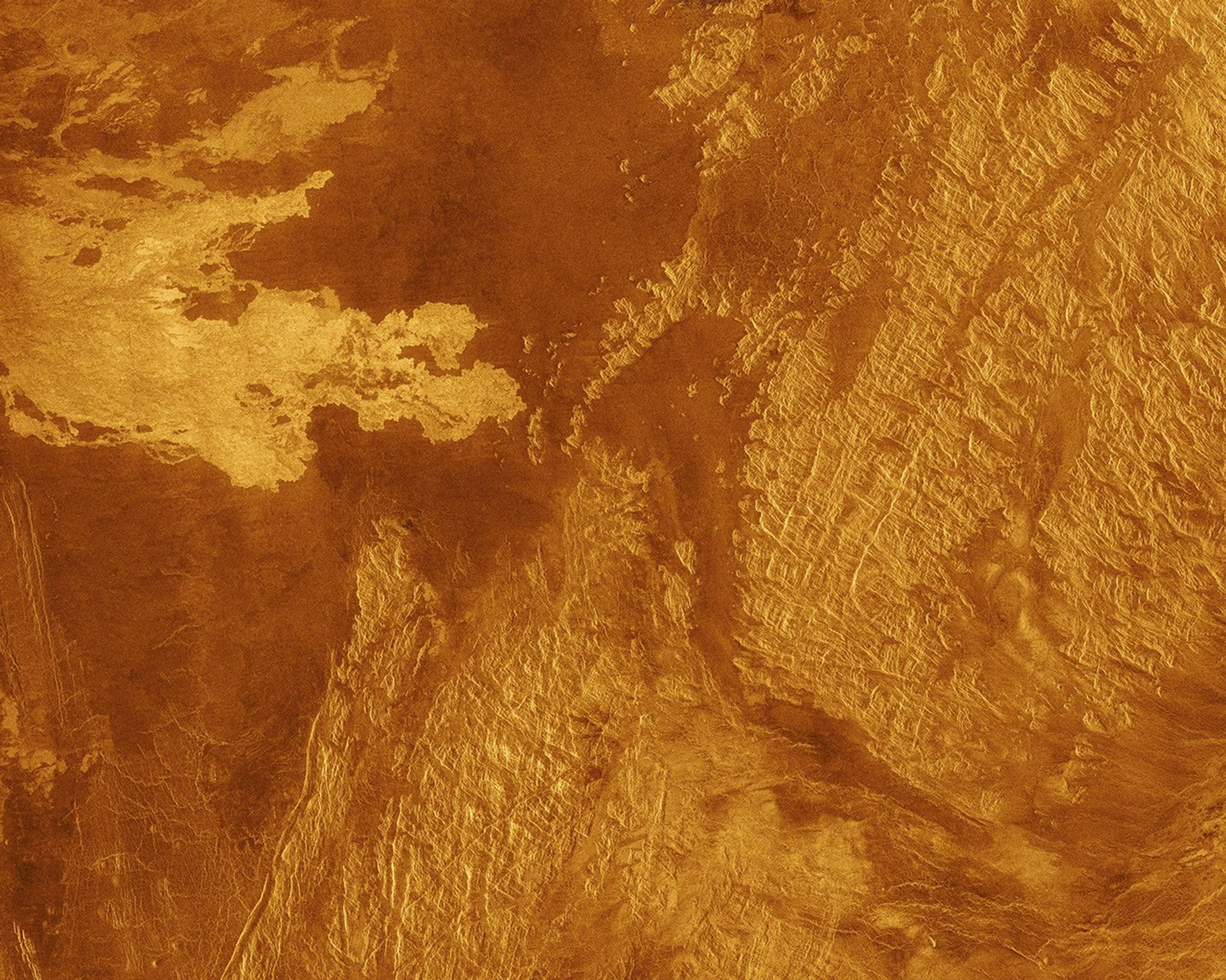 This false color Magellan image shows a portion of Eistla Regio (region) in the northern hemisphere of Venus, centered at 1 degrees south latitude, 37 degrees east longitude.