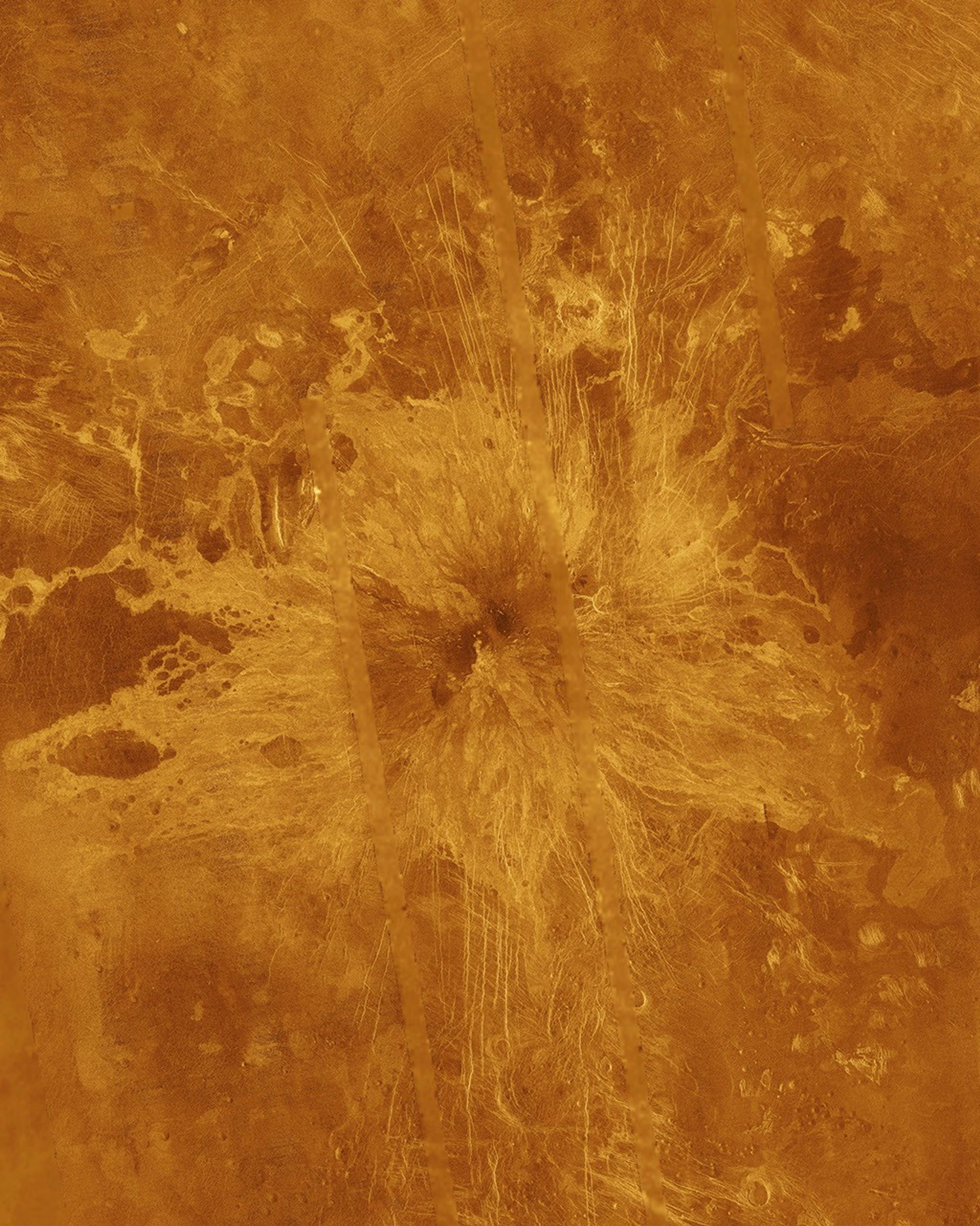 Ushas Mons, a volcano in the southern hemisphere of Venus is shown in this radar image from NASA's Magellan spacecraft. The volcano is marked by numerous bright lava flows and a set of north-south trending fractures.