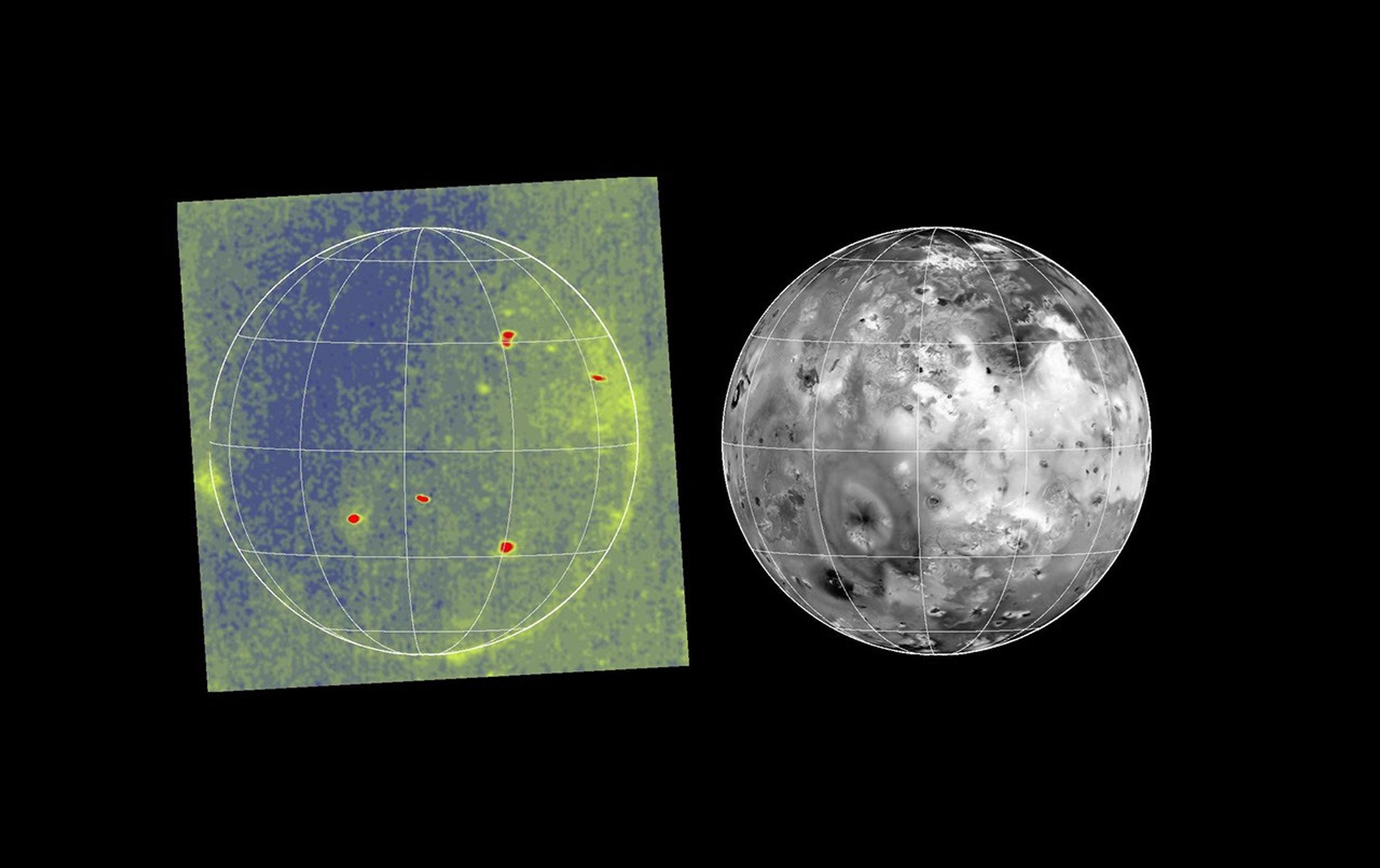 Volcanic hot spots and auroral emissions glow on the darkside of Jupiter's moon Io in the image at left. The image was taken by the camera onboard NASA's Galileo spacecraft on 29 June, 1996 UT while Io was in Jupiter's shadow.