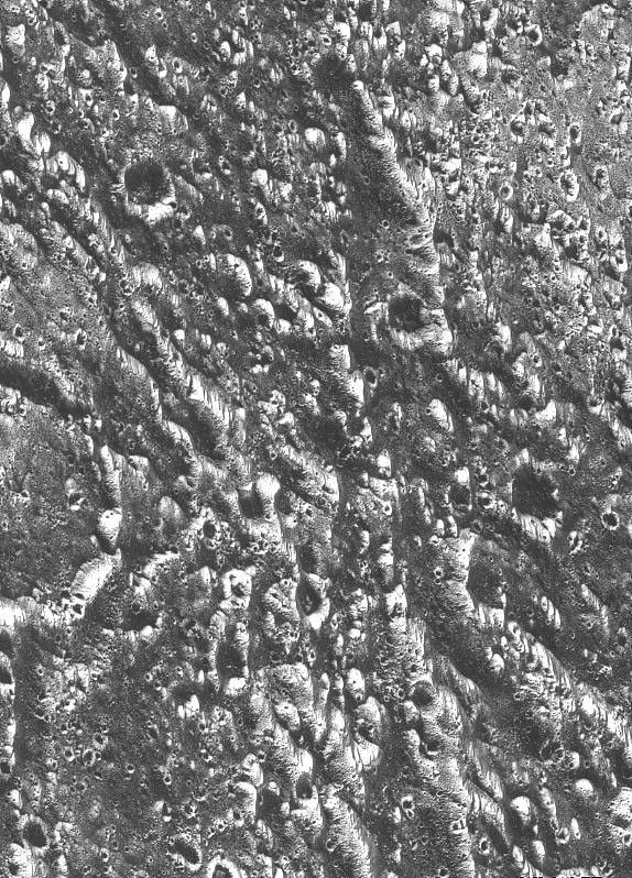 Ancient impact craters shown in this image of Jupiter's moon Ganymede taken by NASA's Galileo spacecraft testify to the great age of the terrain, dating back several billion years.