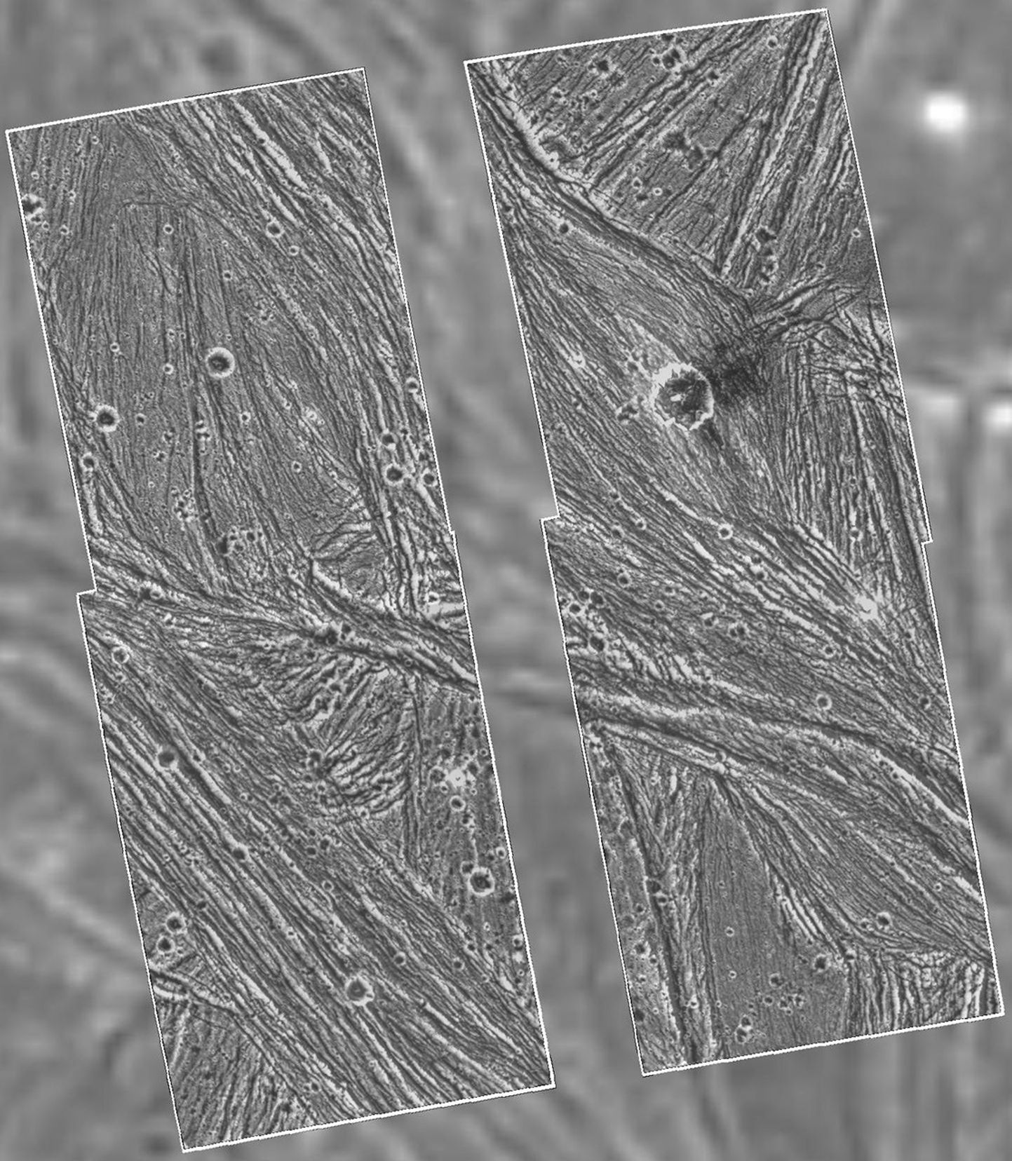A mosaic of four Galileo high-resolution images of the Uruk Sulcus region of Jupiter's moon Ganymede is shown within the context of an image of the region taken by Voyager 2 in 1979.