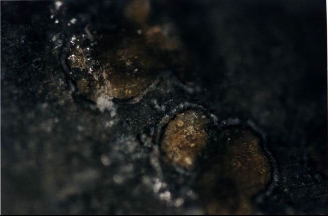 This photograph shows orange-colored carbonate mineral globules found in a meteorite, called ALH84001, believed to have once been a part of Mars.