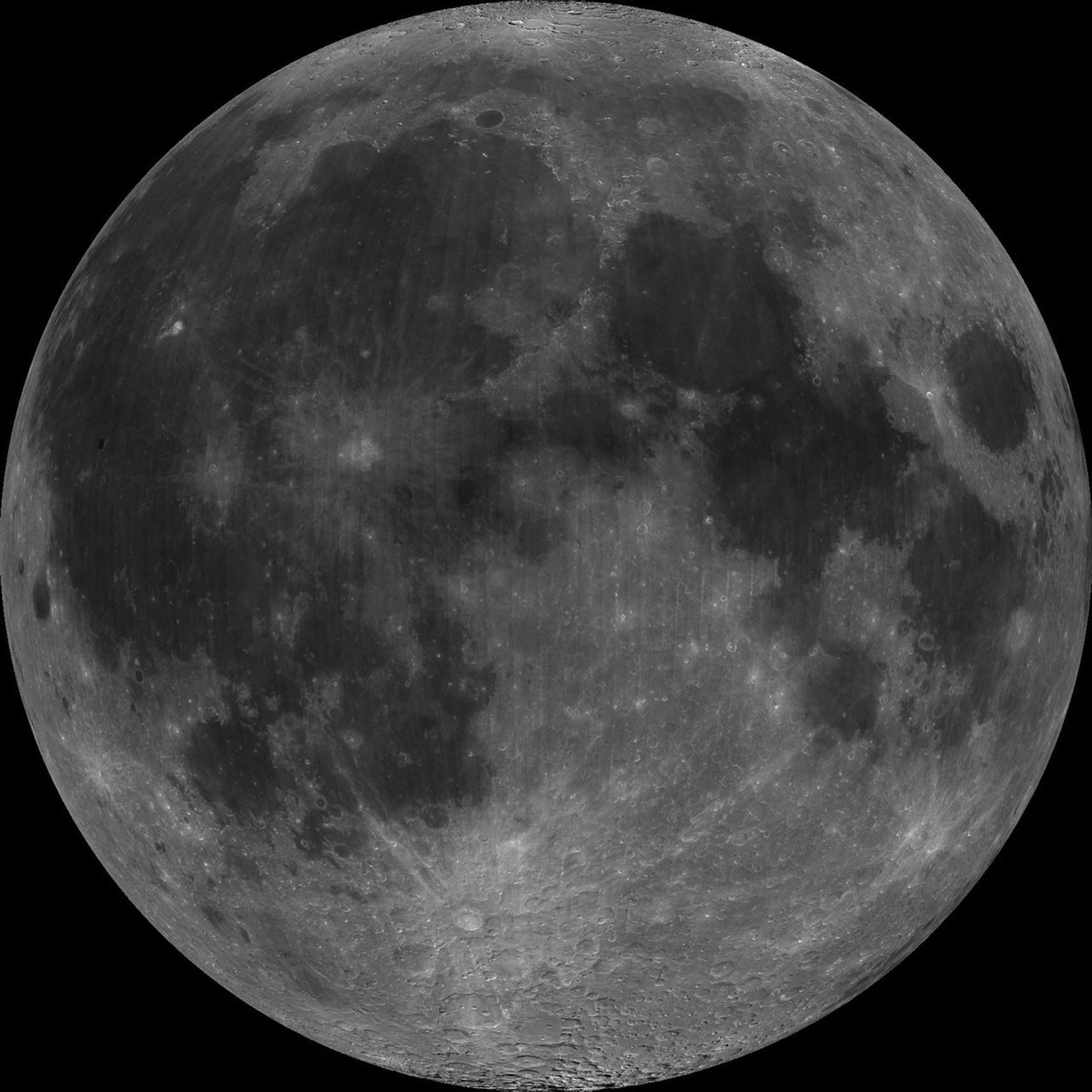 This image taken in 1994 by Clementine 1, Mare Moscoviense (dark albedo feature upper left of image center) and South Pole-Aitken Basin (dark feature at bottom) represent maria regions largely absent on the lunar farside.