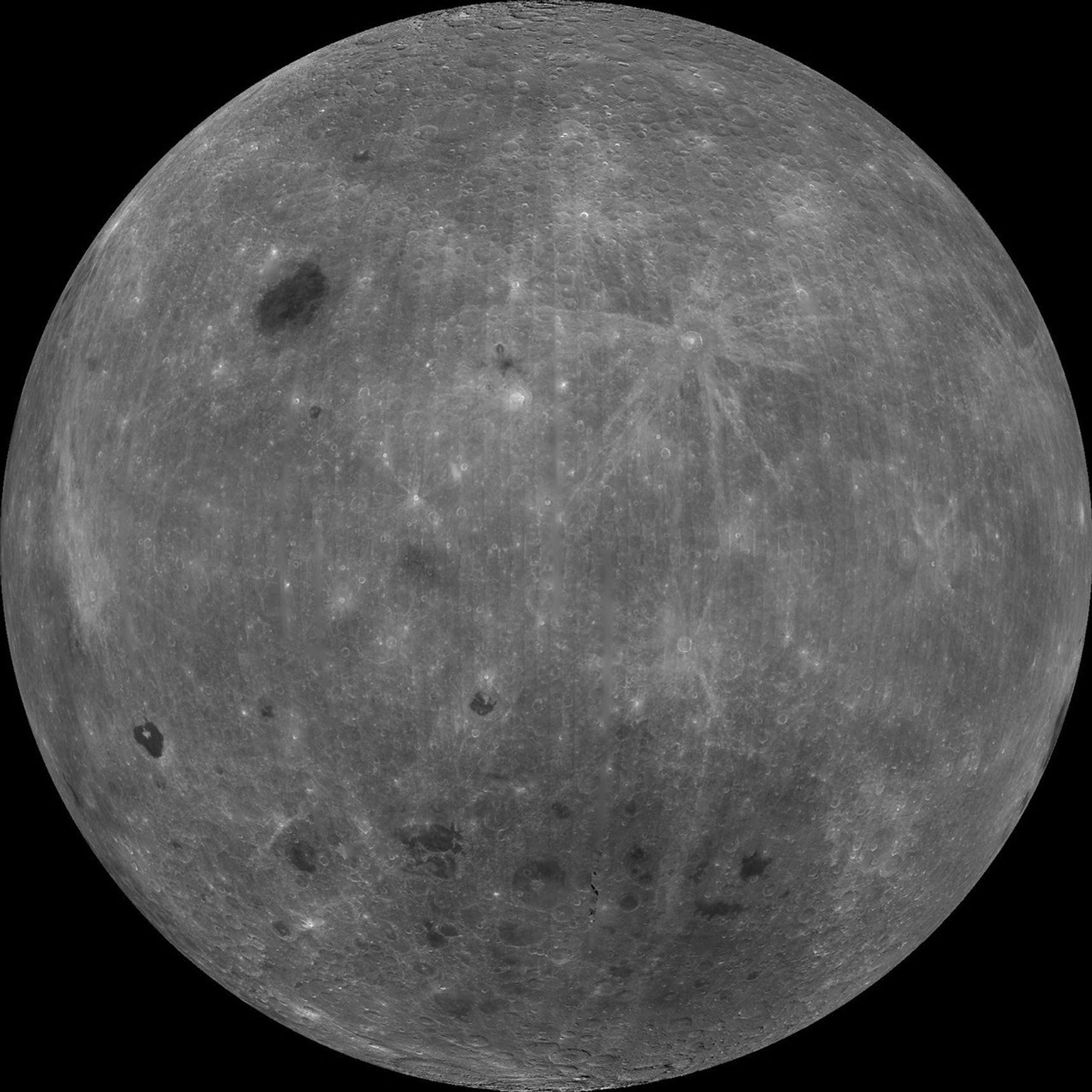 Mare Moscoviense (dark albedo feature upper left of image center) and South Pole-Aitken Basin (dark feature at bottom) represent maria regions largely absent on the lunar farside in this image from NASA's Clementine spacecraft.
