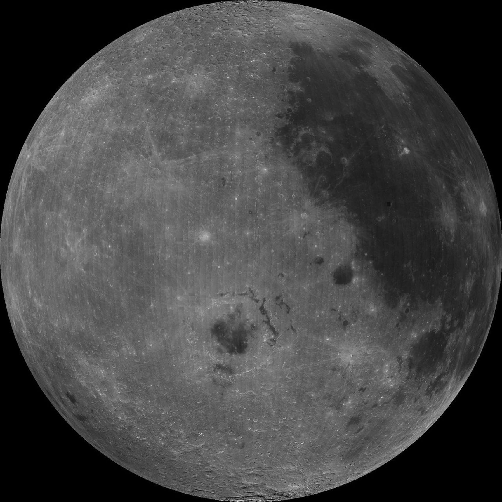 Maria Orientale (ringed feature just below image center) is just visible from Earth on the extreme western edge of the nearside of the Moon in this image from NASA's Clementine spacecraft.