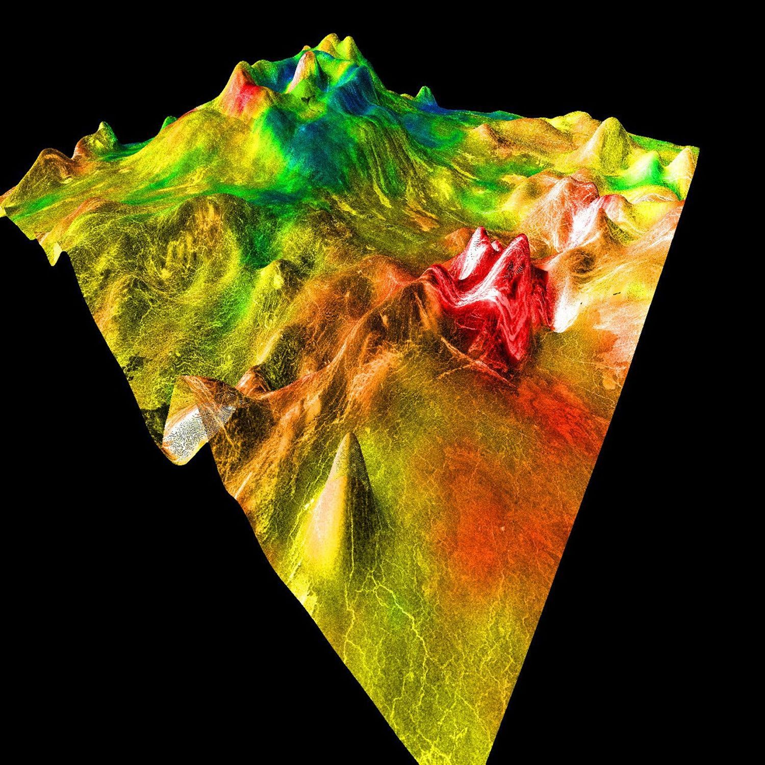 This perspective view of Venus, generated by computer from NASA's Magellan data and color-coded with emissivity, shows part of the lowlands to the north of Ovda Regio. The prominent topographic feature is a shield volcano.