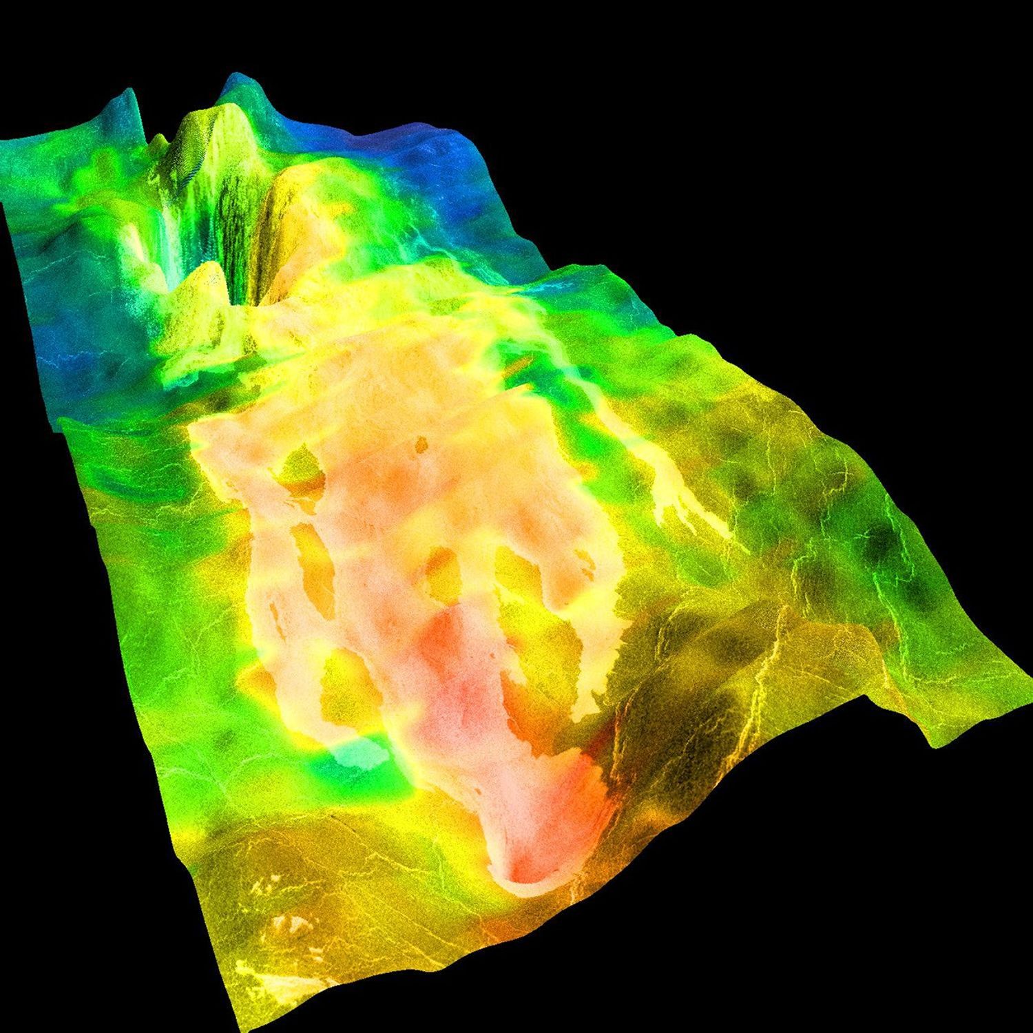 This perspective view of Venus, generated by computer from NASA's Magellan data and color-coded with emissivity, shows the impact crater Markham, named after the English aviator Beryl Markham.