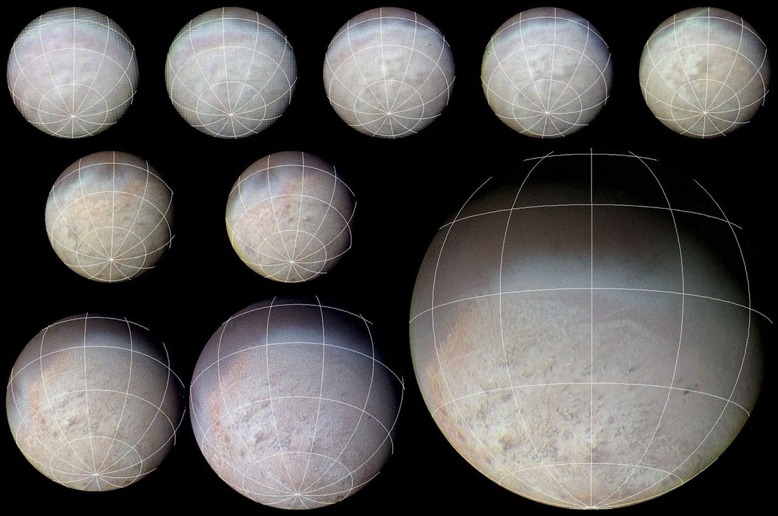 This color image from NASA's Voyager 2 was reconstructed by making a computer composite of three black and white images taken through red, green, and blue filters. Details on Triton's surface unfold dramatically in this sequence of approach images.