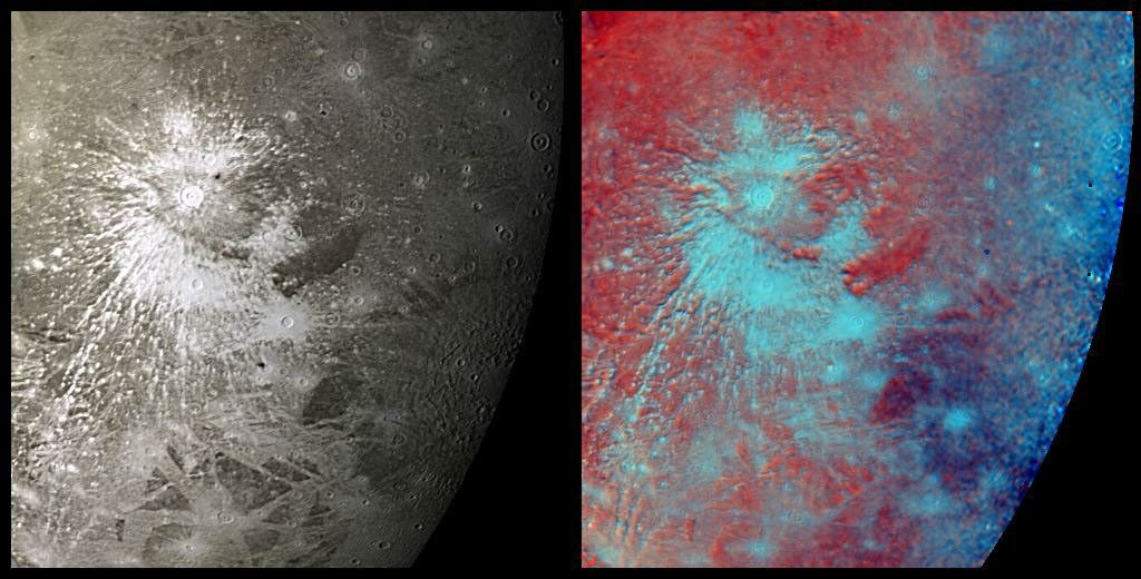 This mosaic of NASA's Voyager 2 images taken July 9, 1979, shows a prominent rayed crater on Jupiter's icy moon, Ganymede.