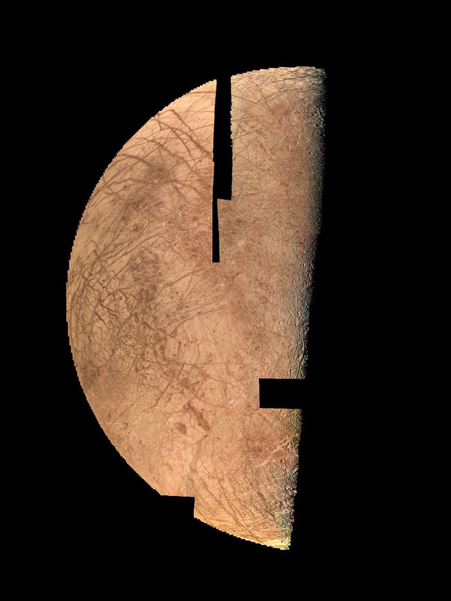 Europa looks like a cracked egg in this computer mosaic of the best of NASA's Voyager 2 images.