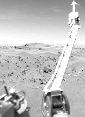 Those Martian weather reports, received here daily from more than 200 million miles away, start right here at NASA's Viking 1's meteorology instrument. Mounted atop the extended boom, the meteorology sensors face away from the spacecraft.