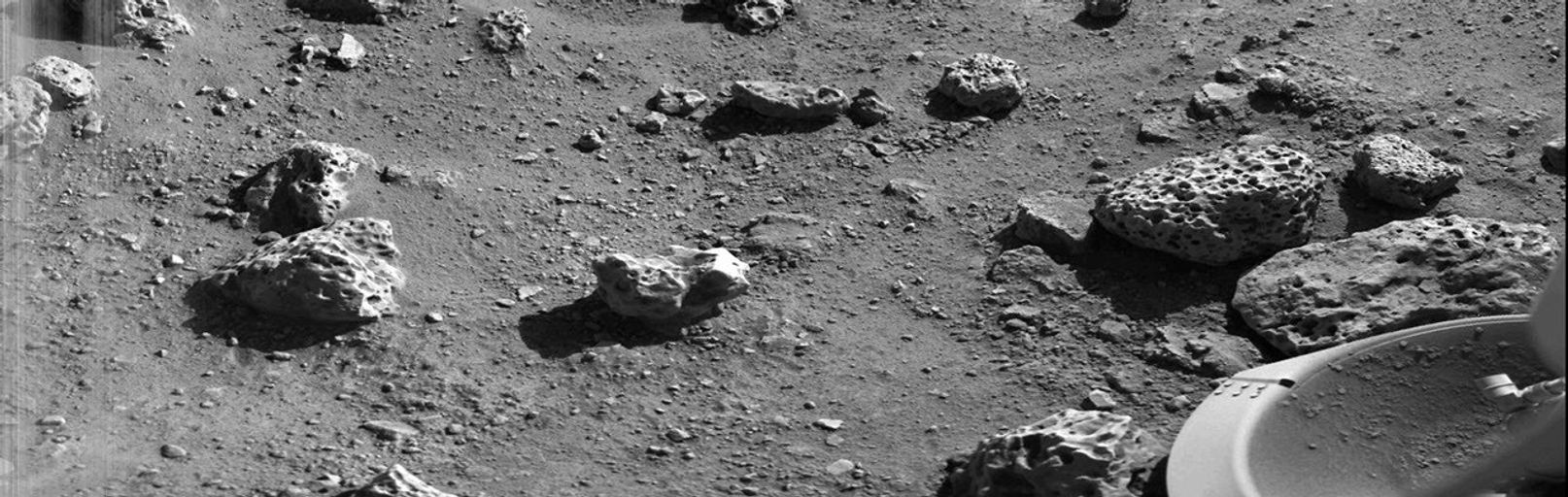 NASA's Viking 2's first picture on the surface of Mars was taken within minutes after the spacecraft touched down on Sept. 3, 1976. The scene reveals a wide variety of rocks littering a surface of fine-grained deposit.